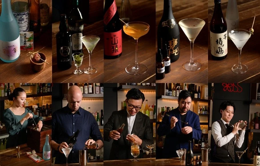 カクテルとバーテンダーのコラージュ