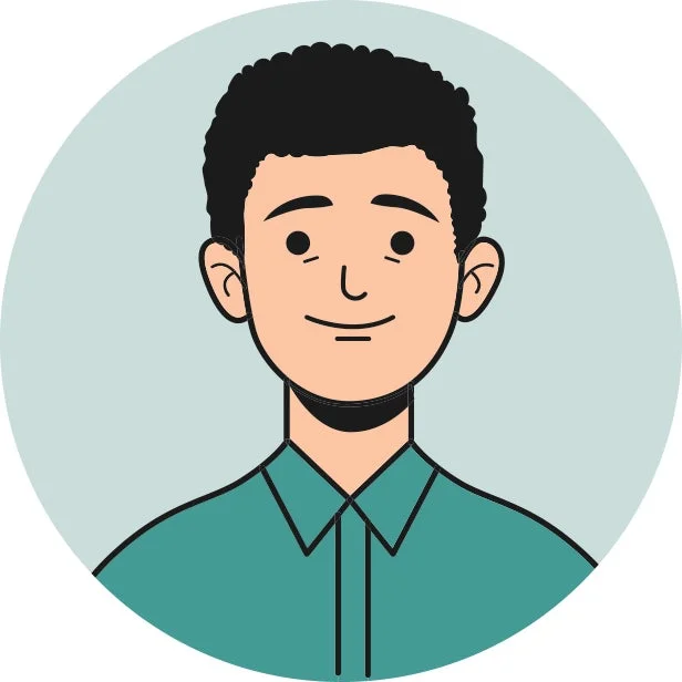 水色の円形背景に描かれた、笑顔の若い男性のイラスト