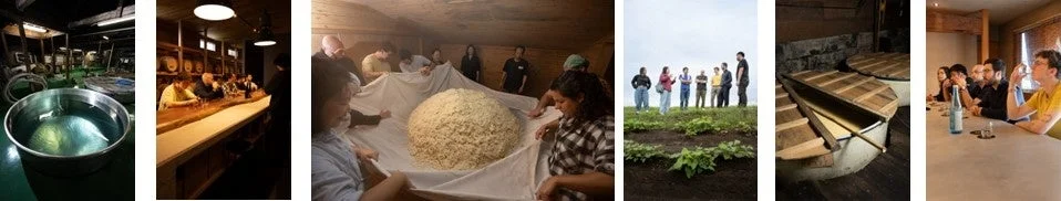 酒造りや食品加工の工程、そして試飲を楽しむ人々