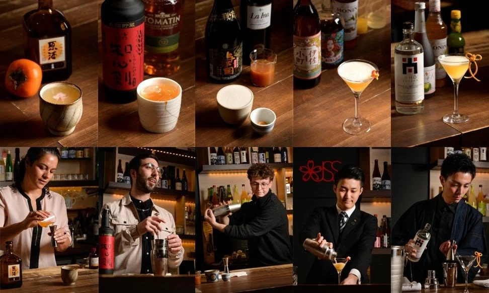 様々なカクテルとバーテンダーのコラージュ
