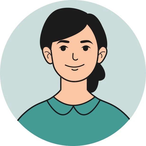 円形の背景に、黒髪をポニーテールにした女性のイラスト