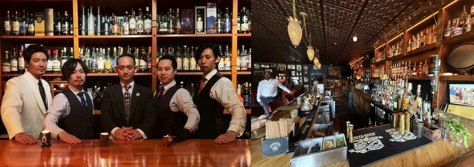 様々な酒瓶とカクテル用品が並ぶモダンなバーの店内