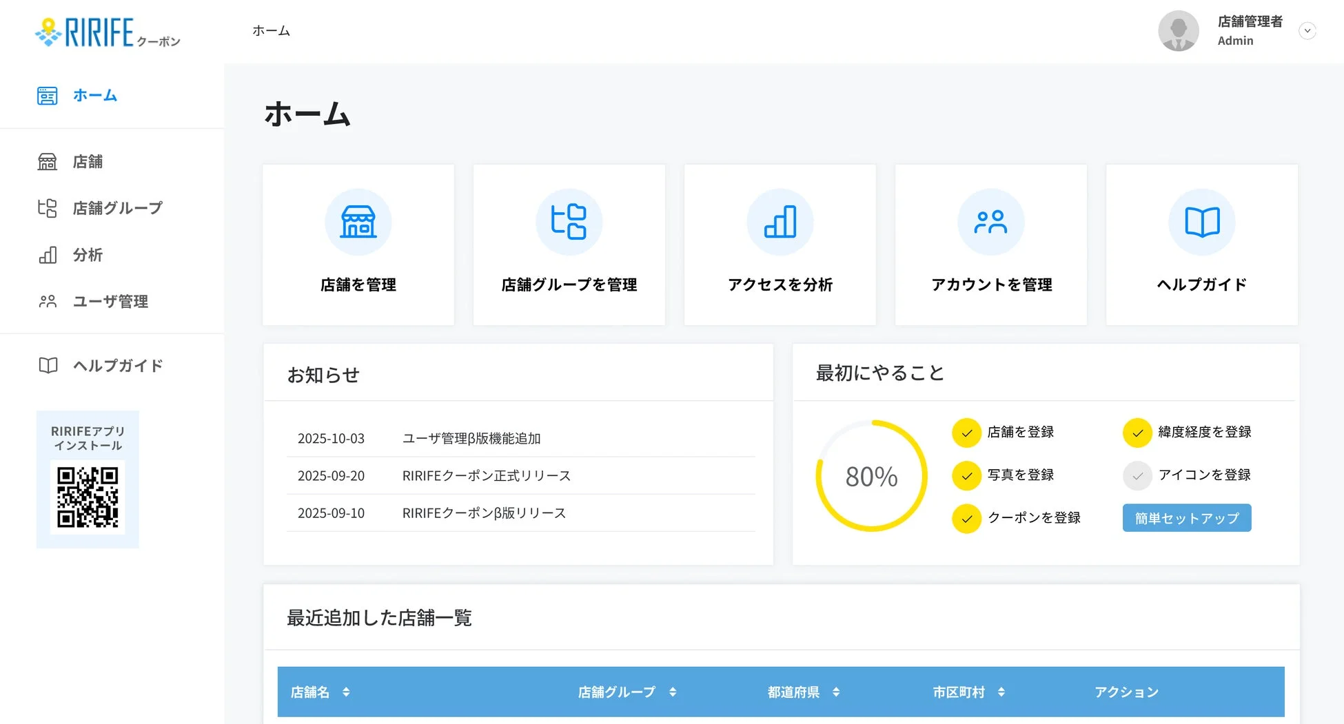 RIRIFE管理画面のホーム画面
