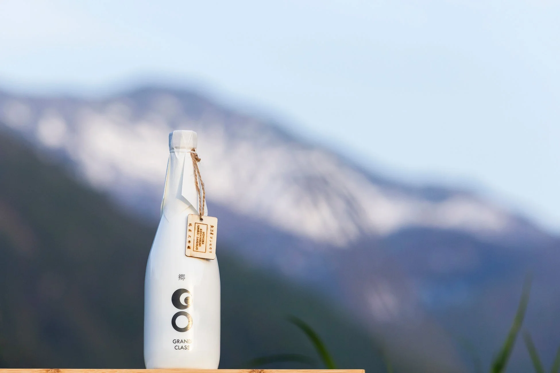 日本酒ボトルと山