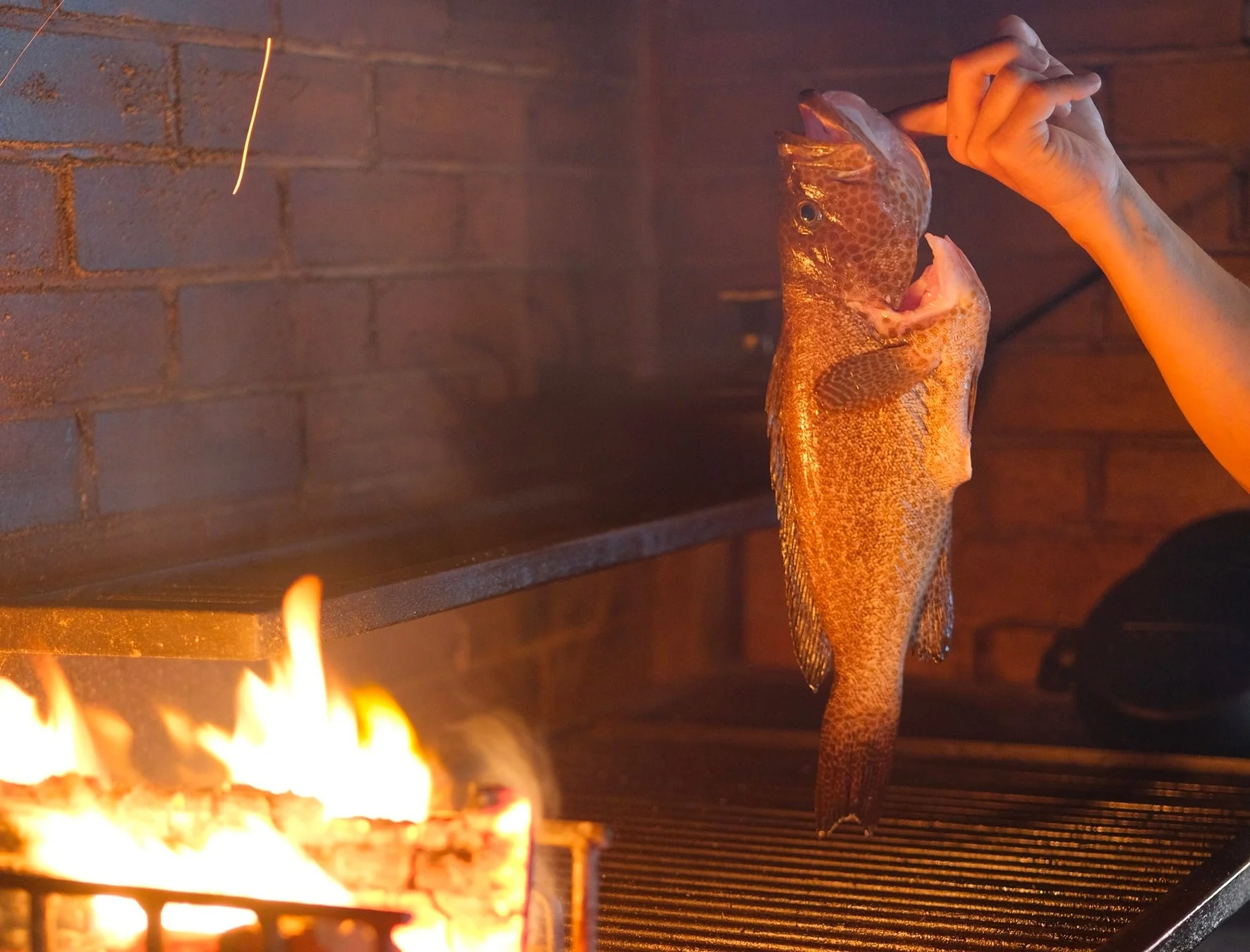炎で魚を調理する様子