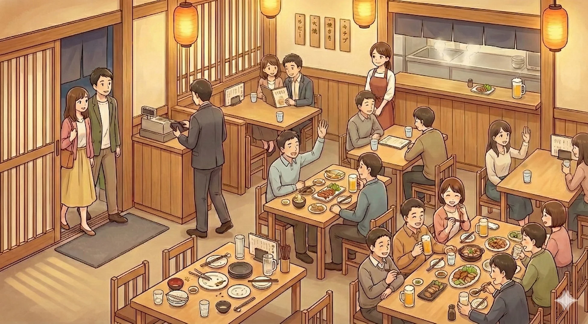 多くの客で賑わう和風の居酒屋のイラスト