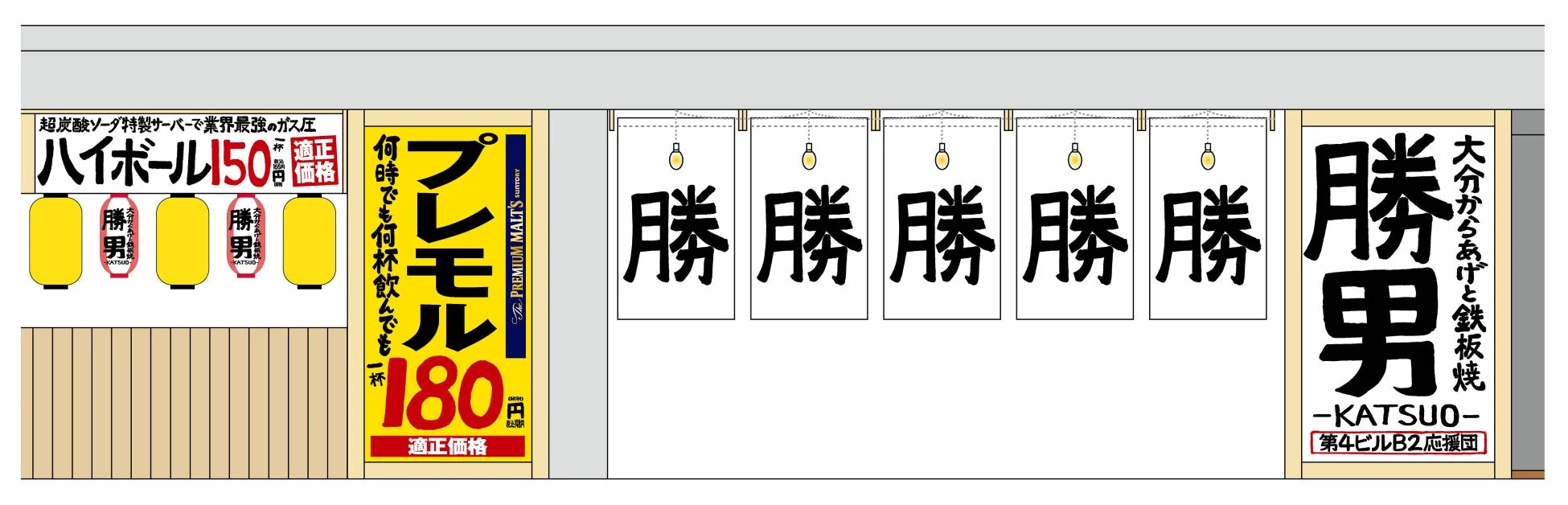 勝男 第4ビルB2応援団の看板、ハイボール150円の看板