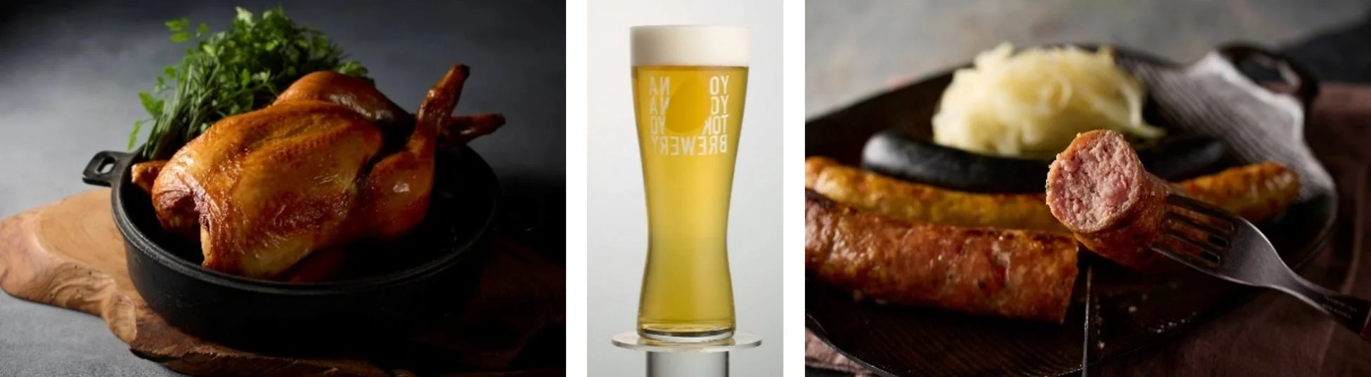 ローストチキン、ビール、ソーセージ、料理、食事、肉料理、ドイツ料理、飲み物、アルコール、グリル、ザワークラウト