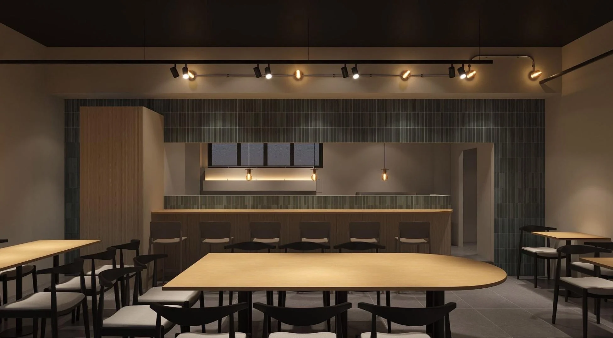 現代的で落ち着いた雰囲気のレストランまたはカフェの店内