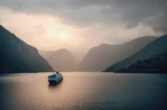 フィヨルドを航行するクルーズ船