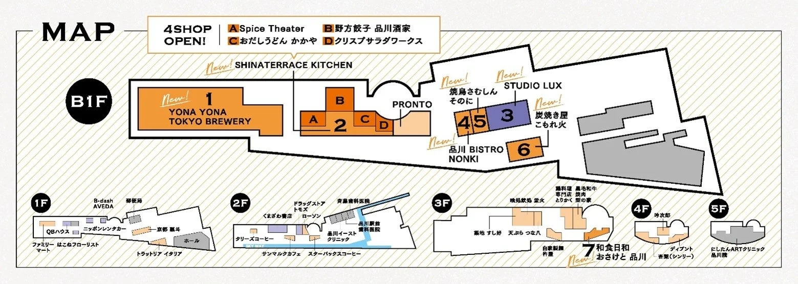 地下1階から5階までの商業施設のフロアマップ