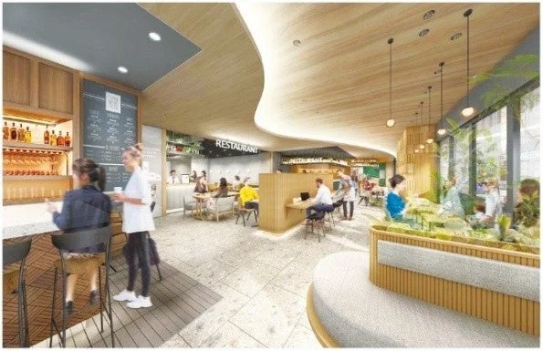 自然光が差し込むモダンなレストランまたはフードコートの内部。