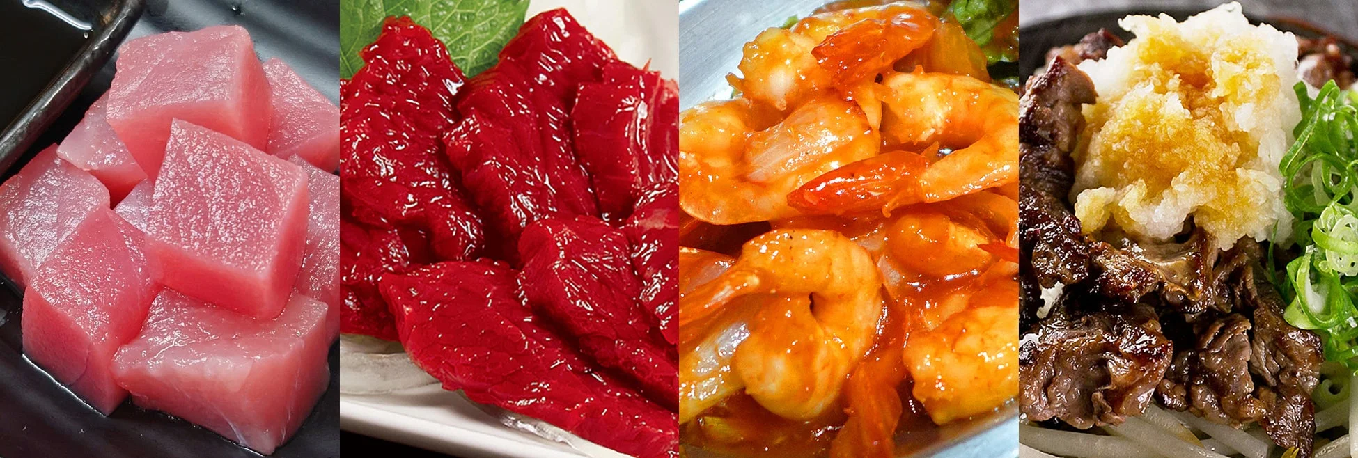 ピンク色の角切り魚、赤いスライスされた魚または肉、エビチリ、そして大根おろしとネギが乗った肉料理が並ぶ、多様な食事が写された画像