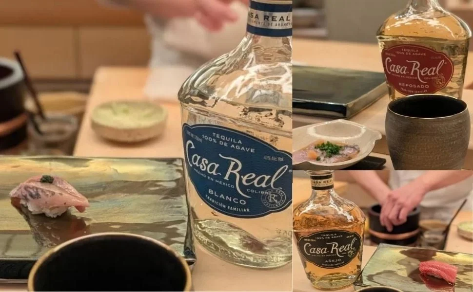 カーサレアルテキーラボトルと寿司や小鉢料理