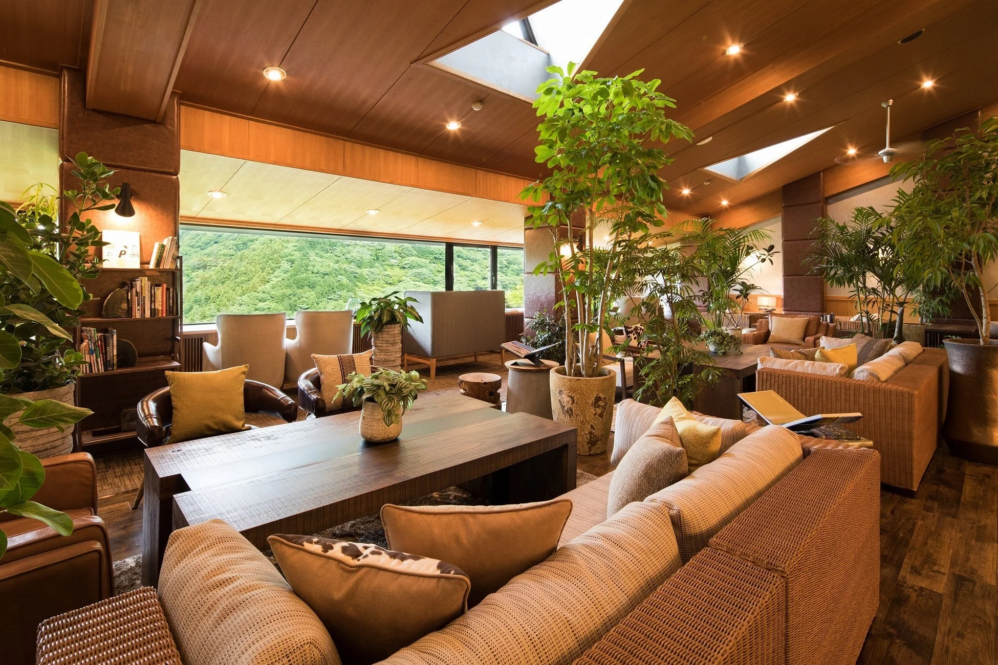 ラウンジ、ホテル、リゾート、室内植物、自然、緑、豪華、快適、木目調、癒し、窓、ソファ、広々とした、インテリア