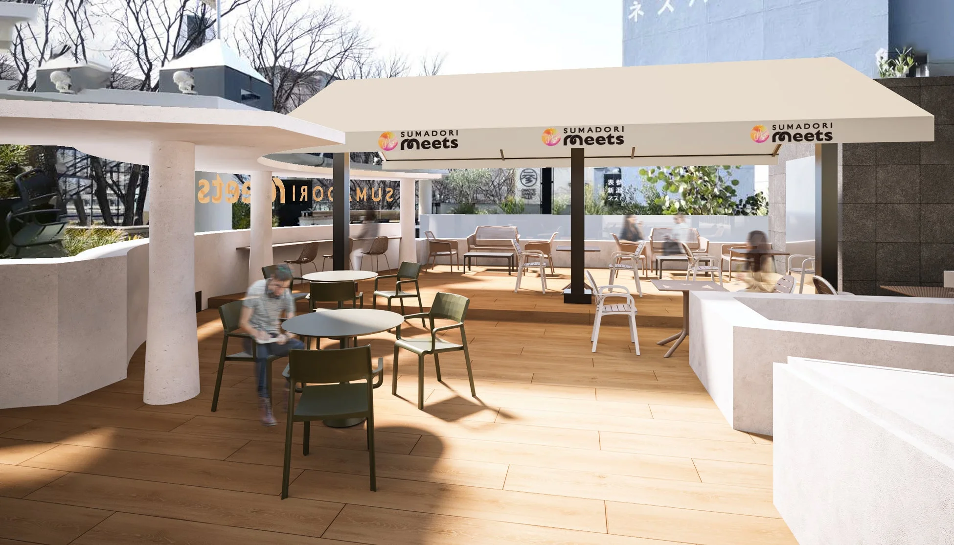 開放的な屋外テラス席があるカフェの風景