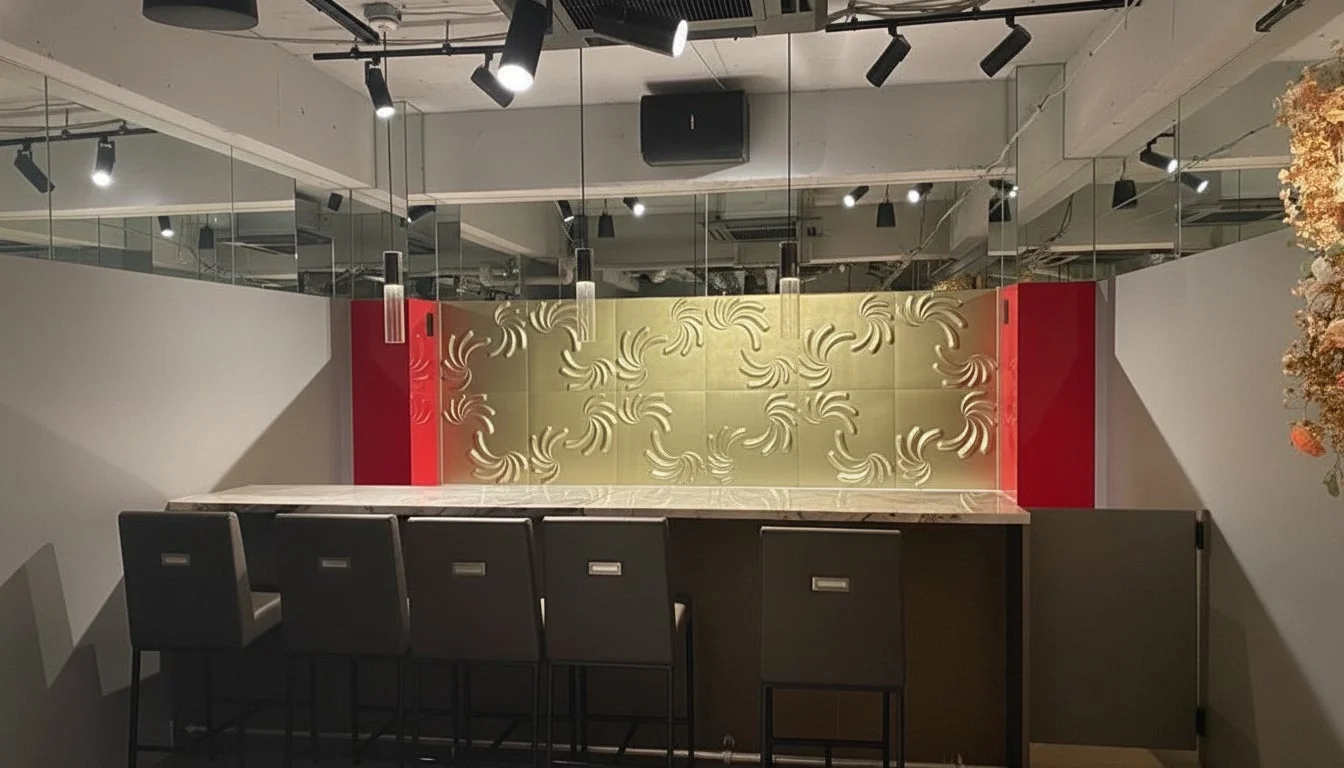 豪華なゴールドの装飾と赤いパネルが特徴的なバーカウンター