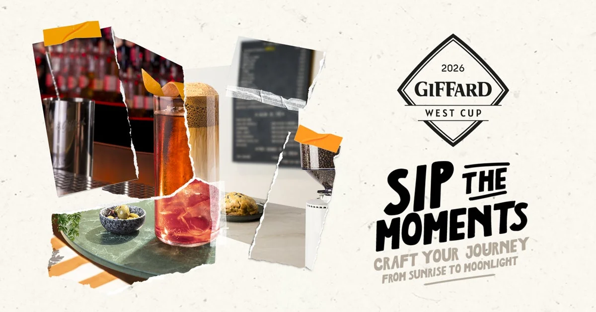 GIFFARD WEST CUP 2026のプロモーション画像で、カクテルやコーヒー、スナックなど様々な飲み物や食べ物をコラージュで表現しています