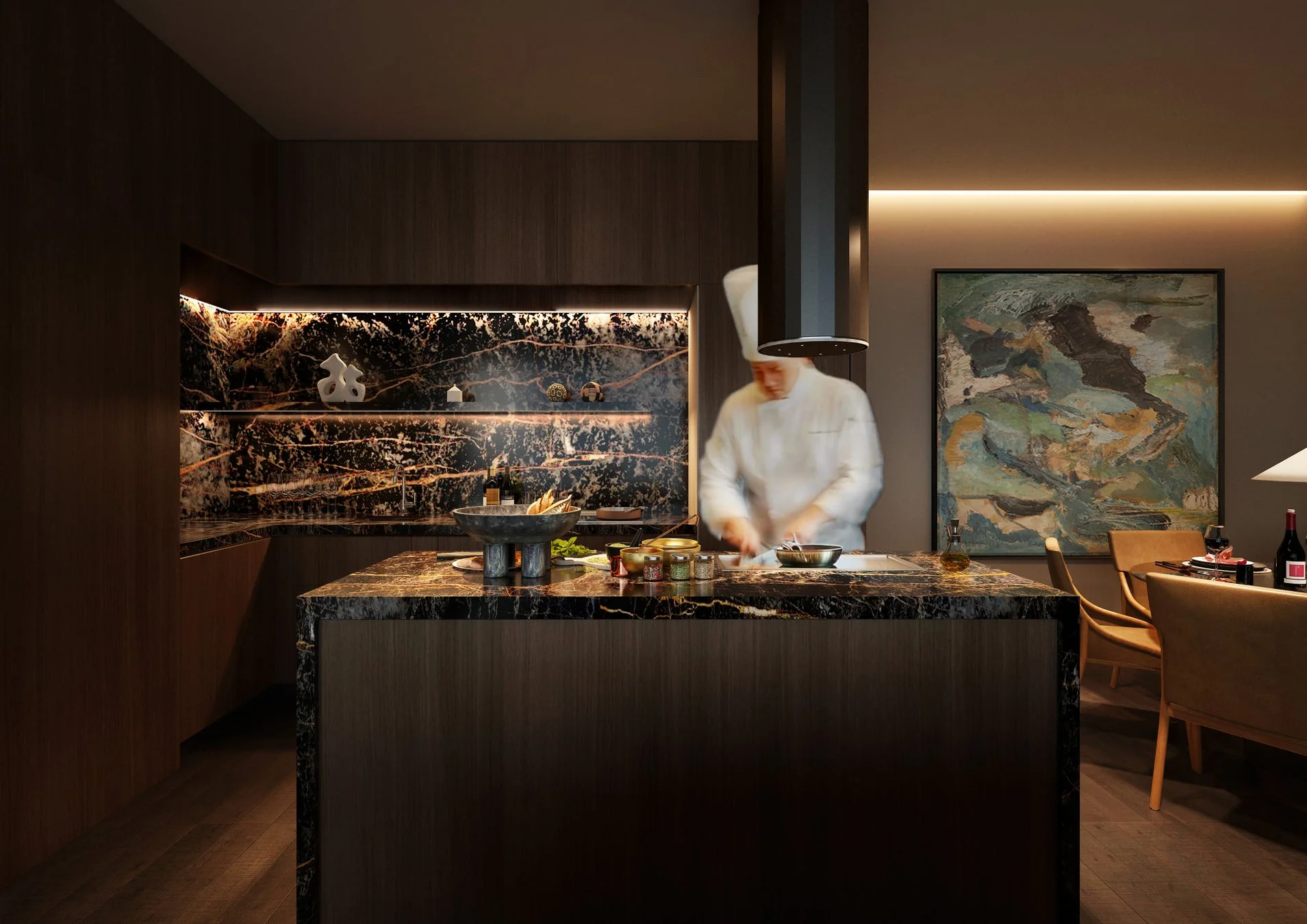 シェフがモダンで高級感あふれるキッチンで料理をする光景