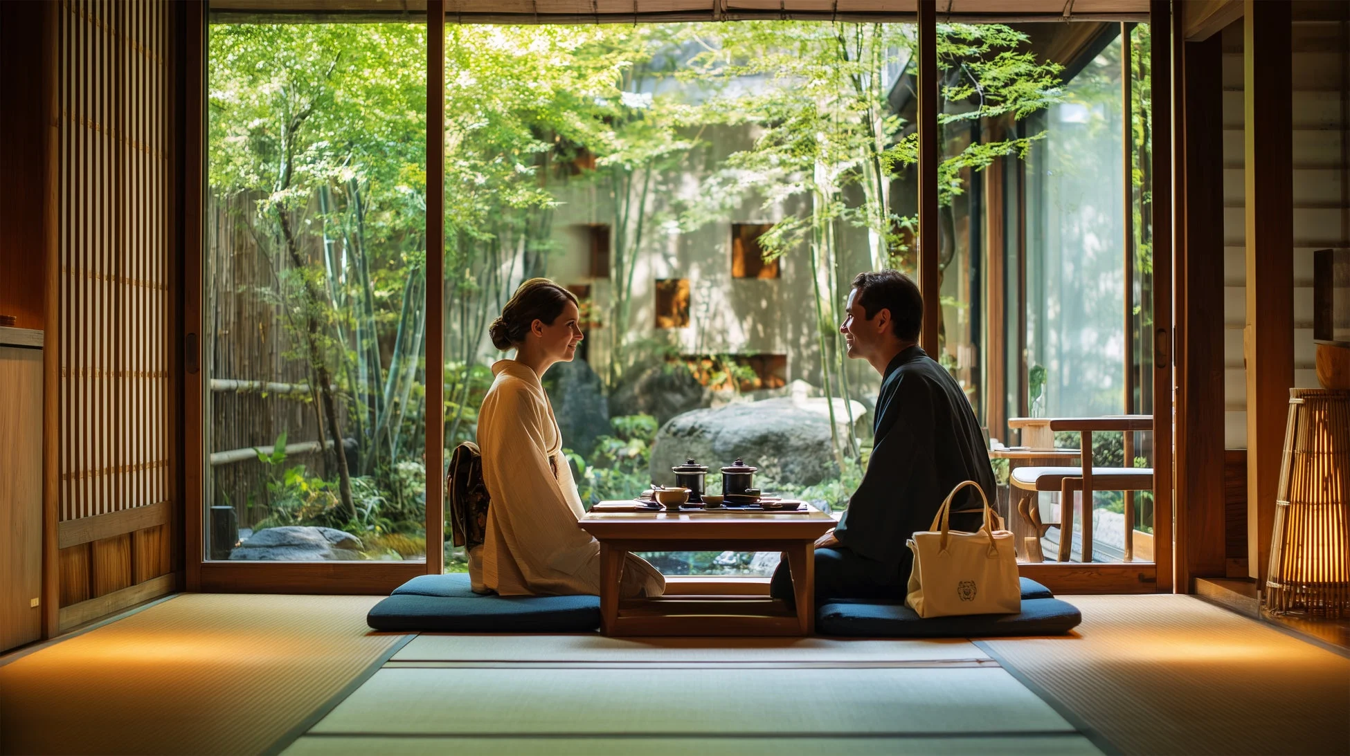和室でくつろぐカップル