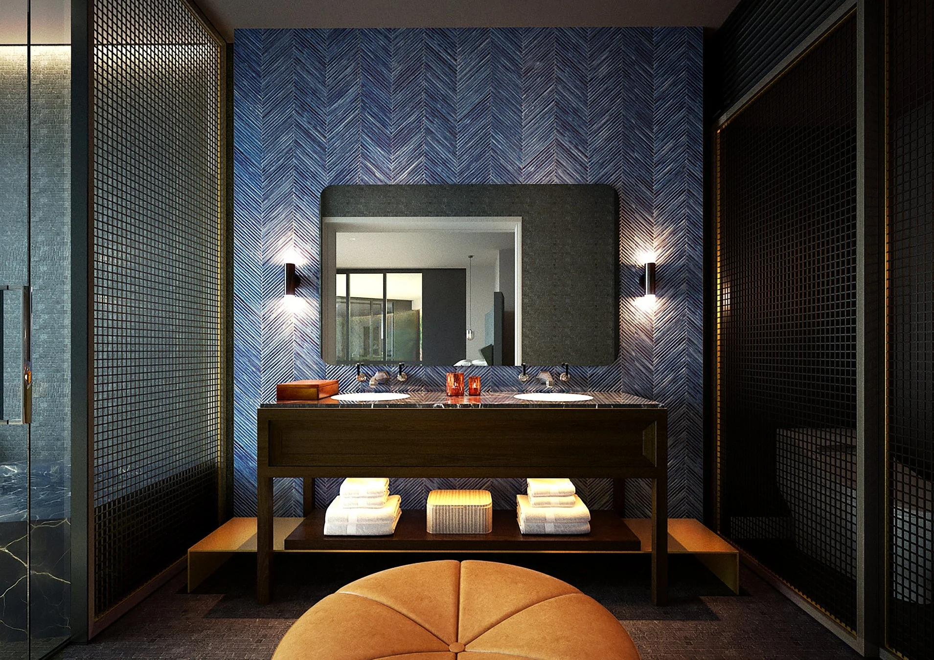 青いヘリンボーン柄の壁が特徴的なモダンなバスルーム