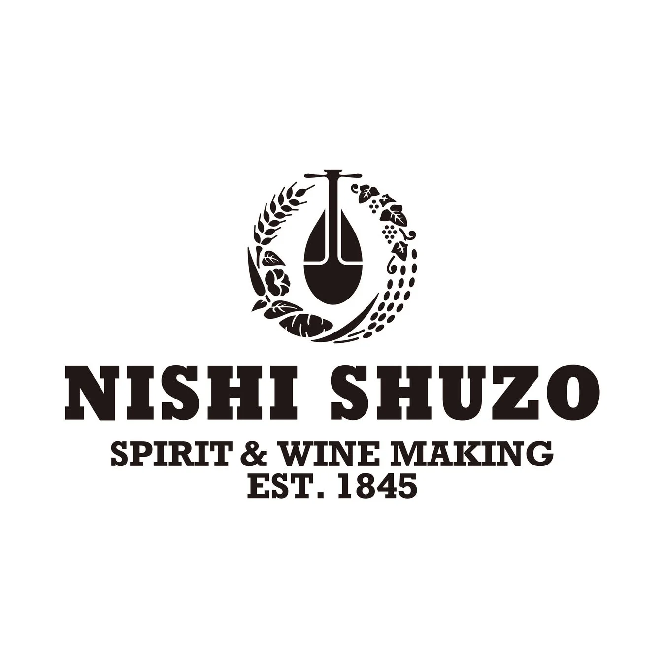 白い背景に「NISHI SHUZO」の文字と、ひょうたん、麦、ぶどうなどの酒造りの素材が円状にデザインされたロゴマークが中央に配置されています。その下には「SPIRIT & WINE MAKING EST. 1845」と記載されており、西酒造の歴史と事業内容を示しています。