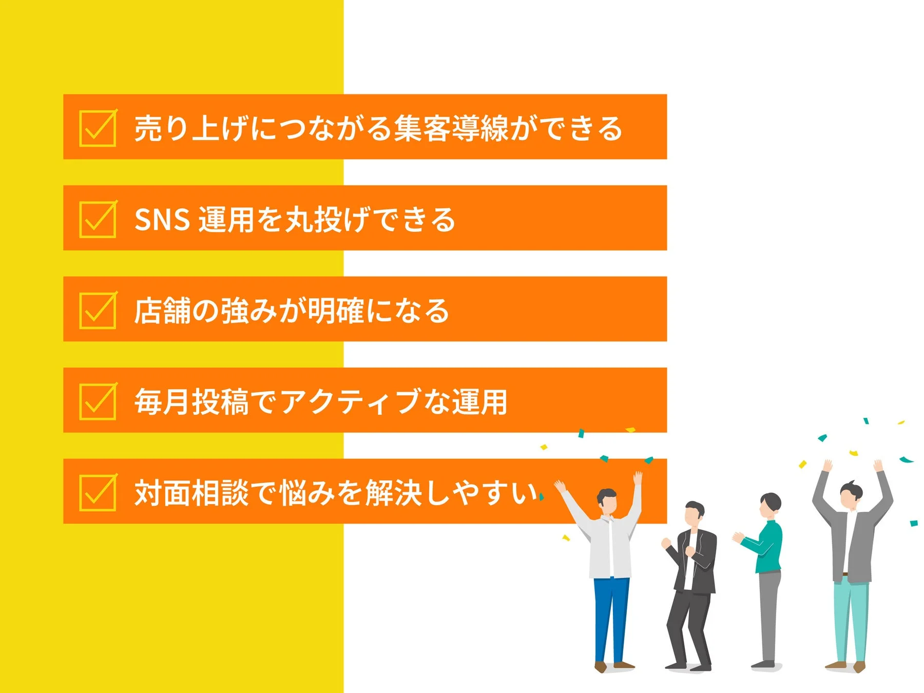 売上向上、SNS運用代行、店舗の強み明確化、アクティブな運用、対面相談による課題解決といったビジネス支援のメリットを5つのポイントで紹介しています。成功を喜ぶ人々が描かれており、ポジティブな成果を示唆しています。