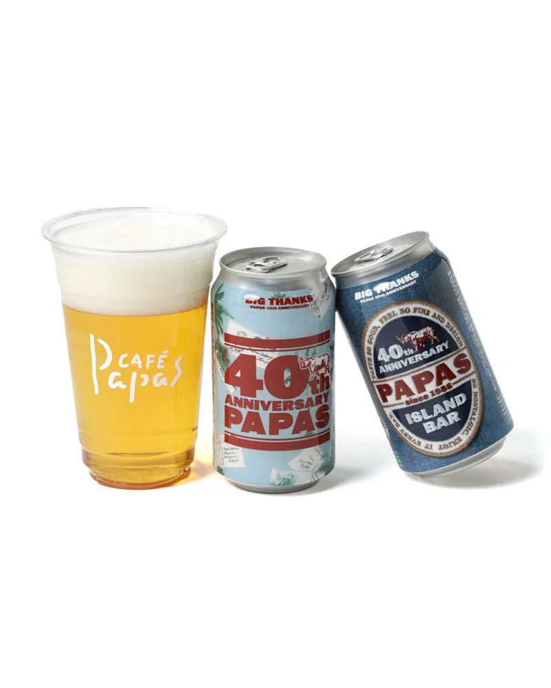 カフェパパスのグラスビールと40周年記念缶ビール