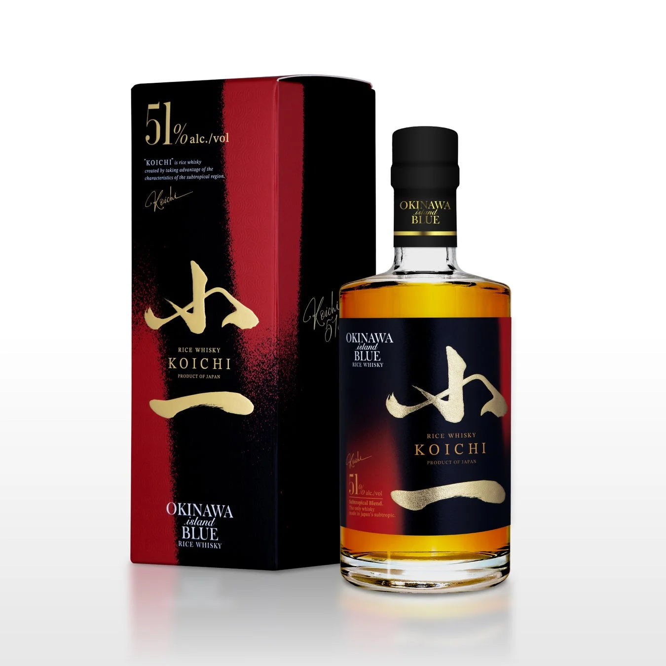 黒と赤を基調とした「KOICHI RICE WHISKY」のボトルと化粧箱