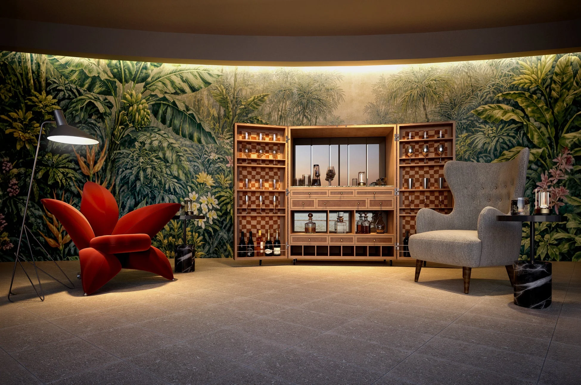 トロピカルなジャングル柄の壁紙が印象的な豪華な空間