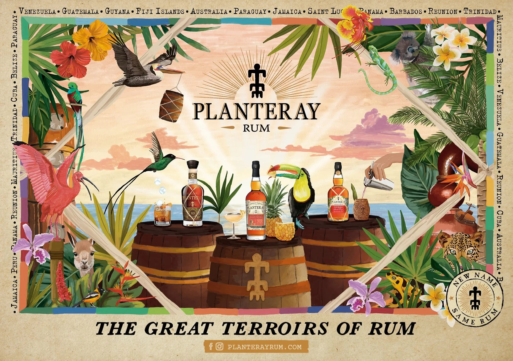 PLANTERAY RUMの広告で、熱帯の動植物（ペリカン、オオハシ、コアラ、ジャガー、パイナップルなど）が描かれた鮮やかなイラストです。木樽の上に3本のラム酒ボトルが置かれ、「THE GREAT TERROIRS OF RUM（偉大なラムのテロワール）」というメッセージと共に、世界各国のラム生産地が示されています。