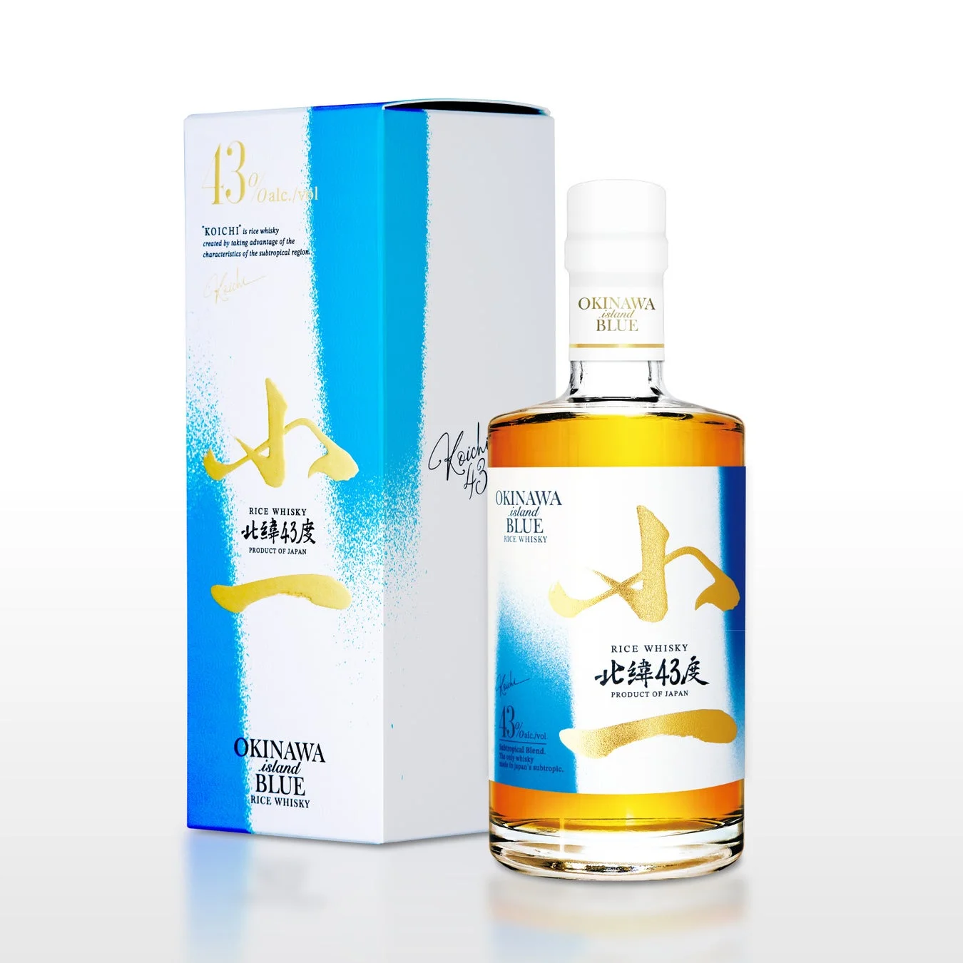 沖縄で製造された「OKINAWA island BLUE RICE WHISKY 北緯43度」のボトルとパッケージ