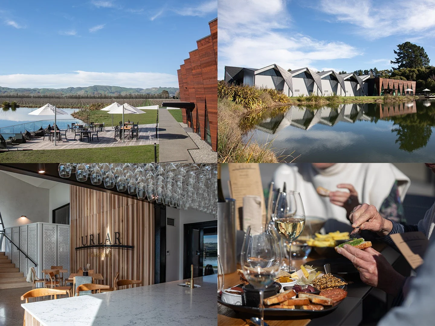 ニュージーランドのグラッドストーンにあるモダンなワイナリー「URLAR」の全景です。湖畔のテラス席、特徴的な建築デザイン、そしてワインと軽食を楽しむ人々の様子が捉えられています。