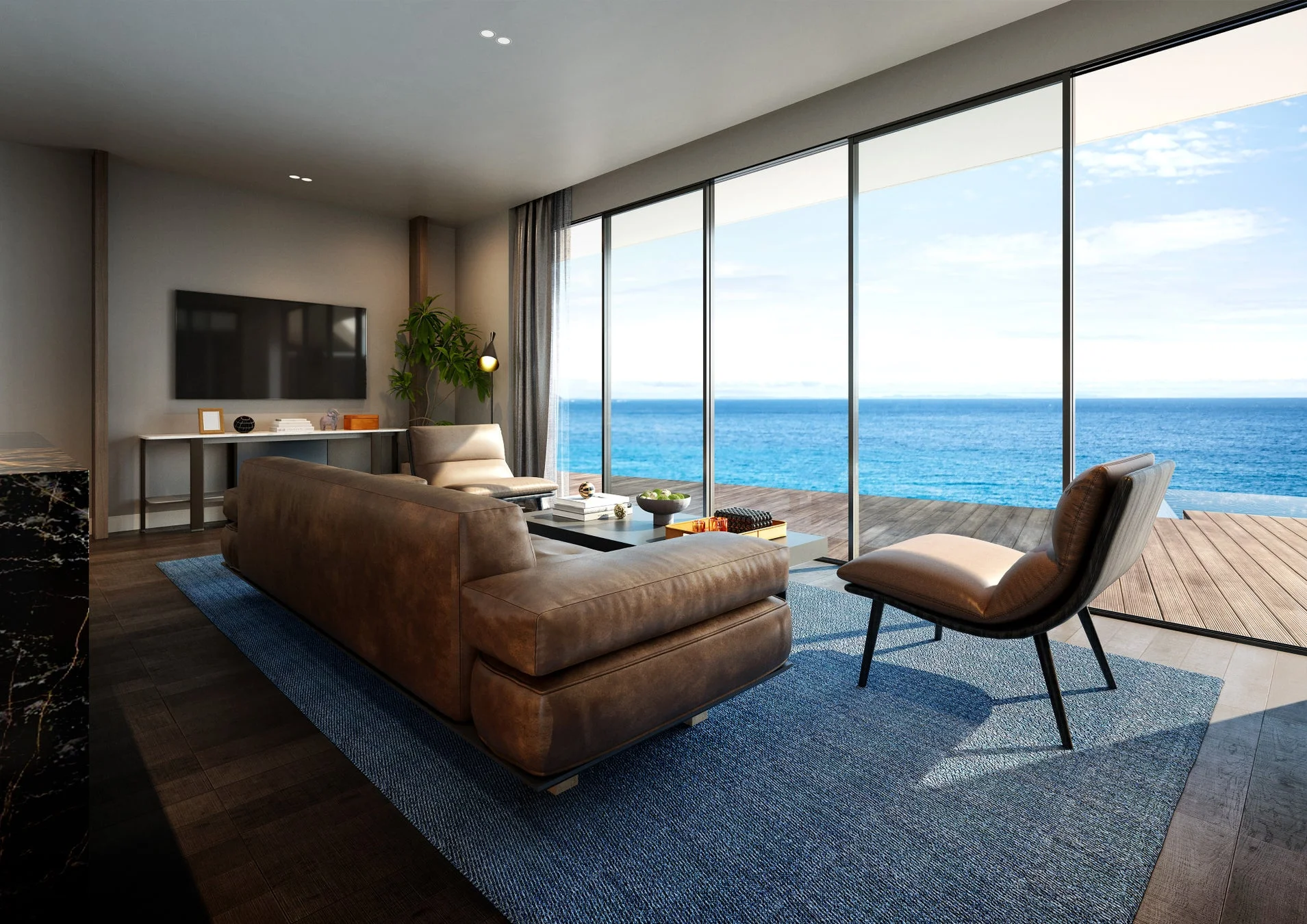 広々としたオーシャンビューのリビングルーム