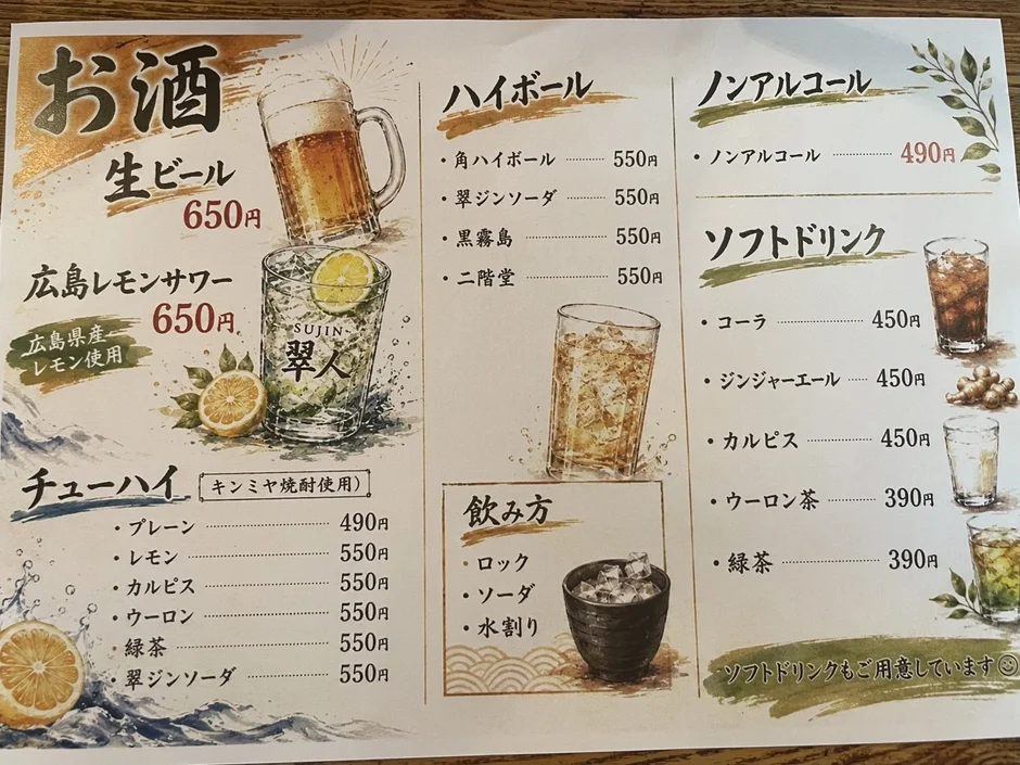 生ビール、広島レモンサワー、チューハイ、ハイボールなどのアルコール飲料と、ノンアルコール、ソフトドリンクを掲載したメニュー