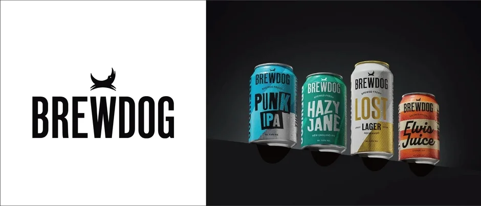 BREWDOGのロゴと、PUNK IPA、HAZY JANE、LOST LAGER、Elvis Juiceの4種類のクラフトビール缶