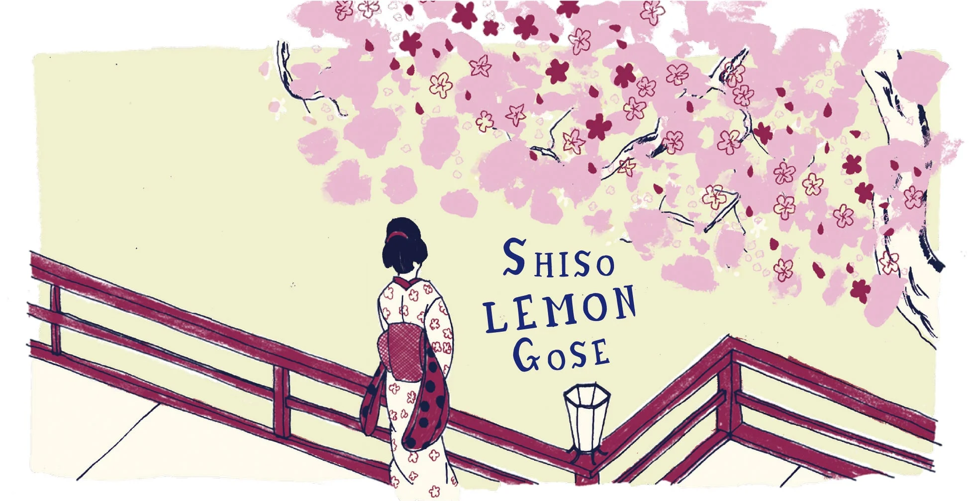 桜が満開の木の下、赤い欄干の橋の上に立つ着物姿の女性が描かれたイラストです。「SHISO LEMON GOSE」という文字が見えます。