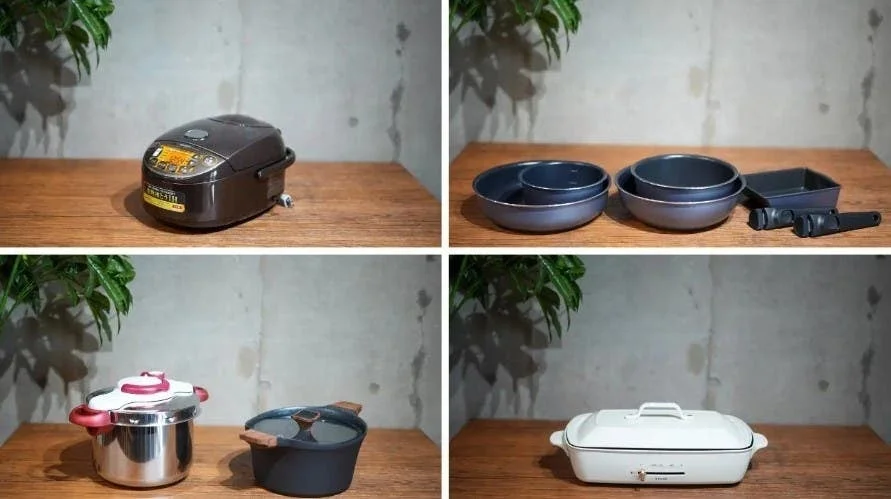 様々な調理器具や家電製品の集合写真