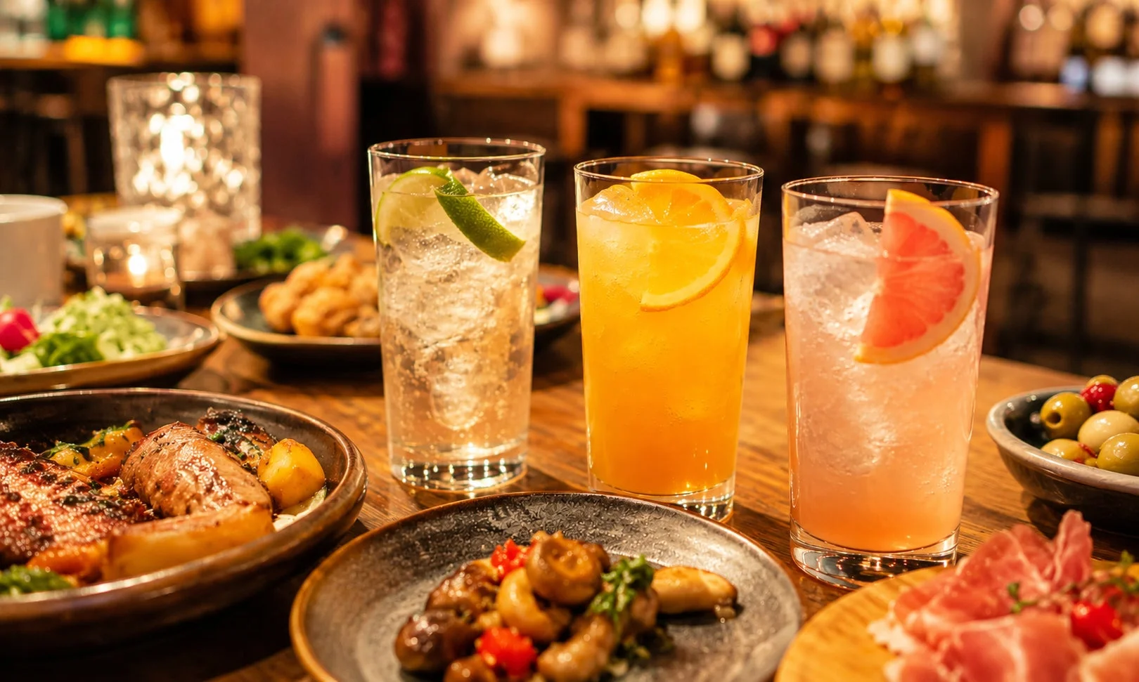 料理とカクテルが並ぶテーブル
