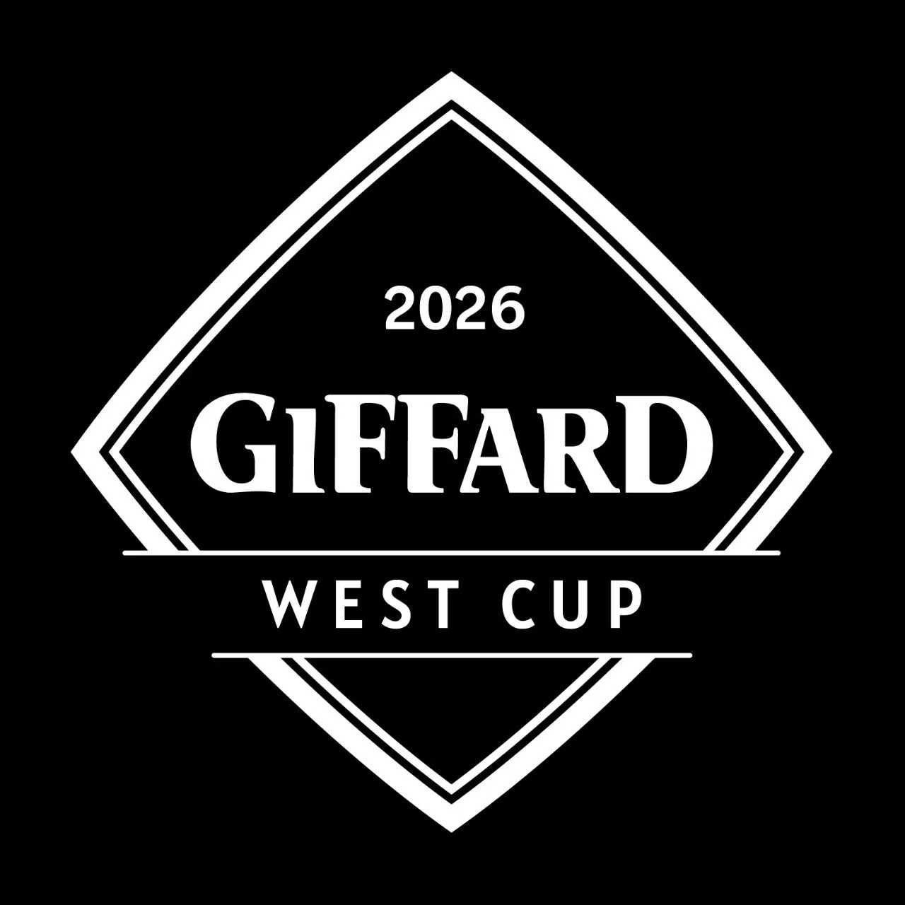 「2026 GIFFARD WEST CUP」と書かれたロゴデザイン。黒い背景に白い文字とひし形のフレームが特徴で、イベントや大会のエンブレムとして使用されることが想定されます。