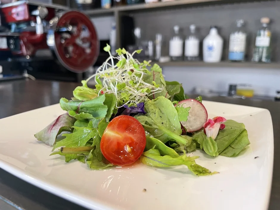 新鮮な葉物野菜、スプラウト、ミニトマト、ラディッシュなどが盛り付けられた彩り豊かなサラダ