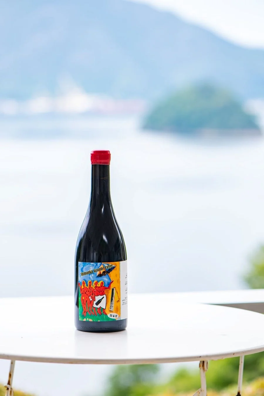 赤ワインボトルと海