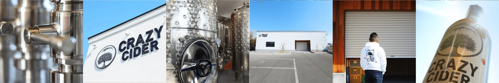 「CRAZY CIDER」の製造施設、ブランドロゴ、製品を組み合わせた画像