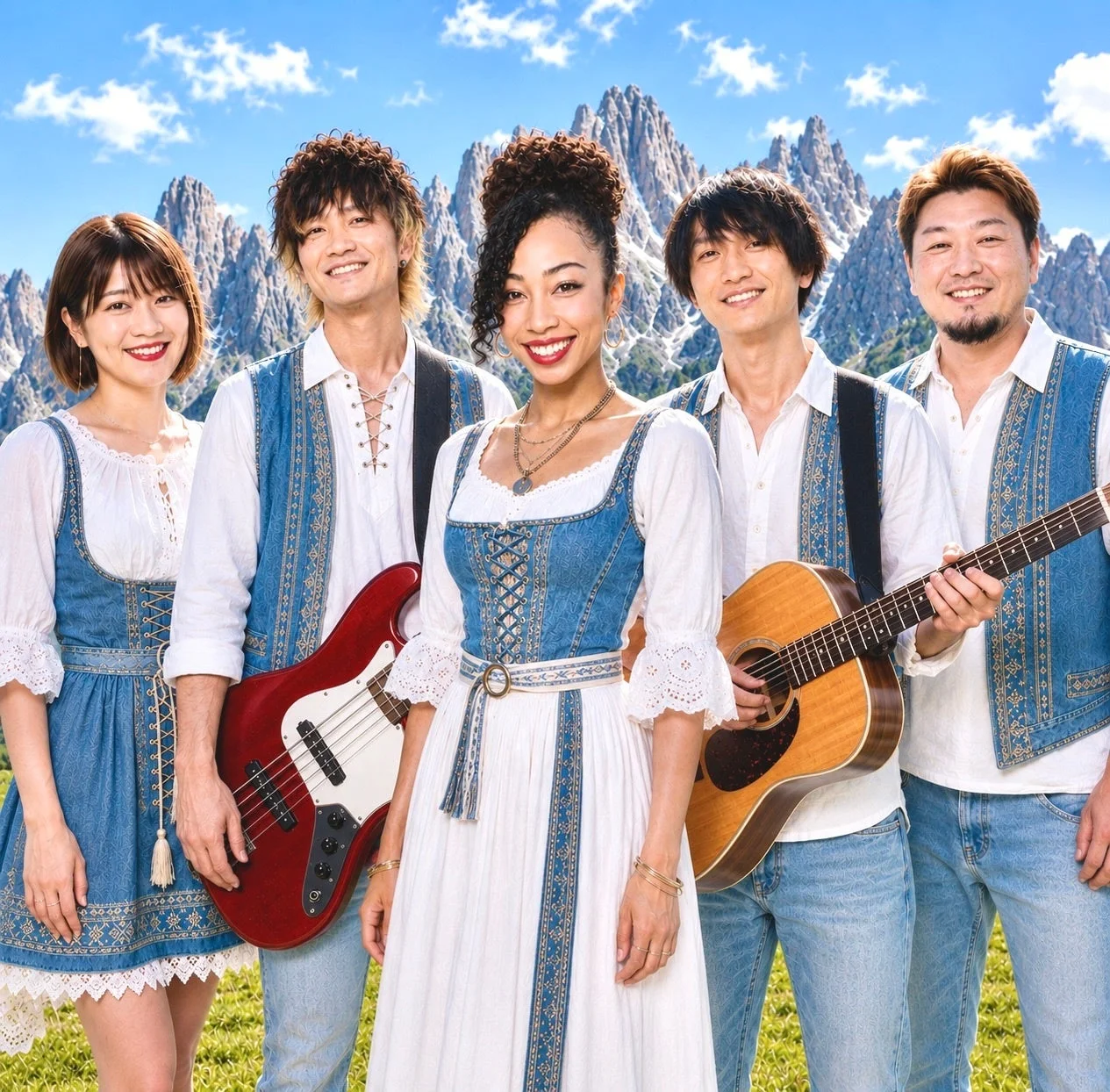 民族衣装を身につけた5人組の音楽バンド